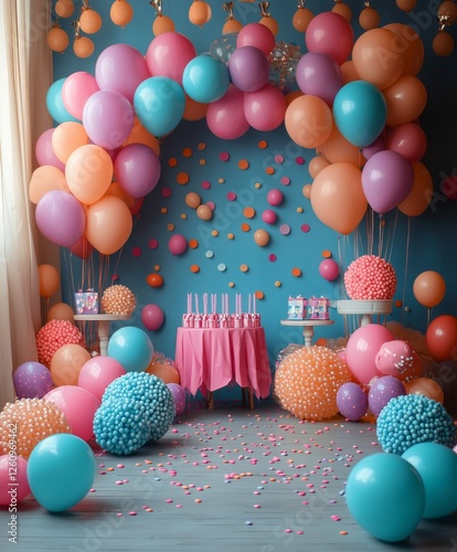 Celebration setup with blue and pink balloons in a charming indoor space with...