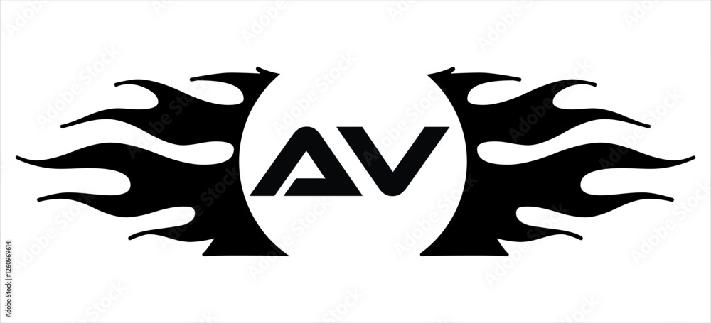 Fototapeta premium Futuristic abstract Logo with Fiery Flame Motif and Geometric 'AV' Emblem, Black and White Artwork