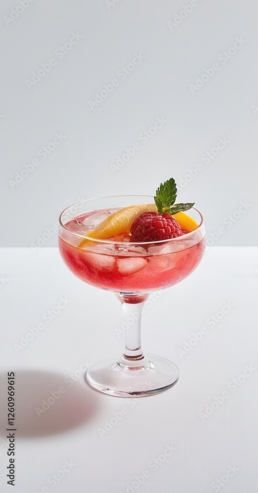 Fruit cocktail in clear glass on white background in simple style.
Fruit cocktail in clear glass on white background in simple style.