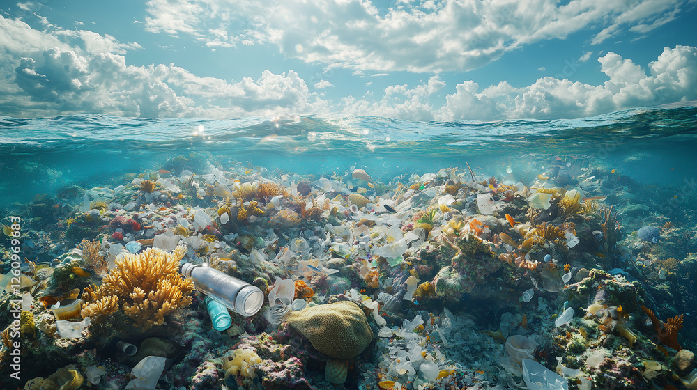 Fototapeta premium Plastic debris and corals in polluted sea, oceanic seabed, environmental illustration