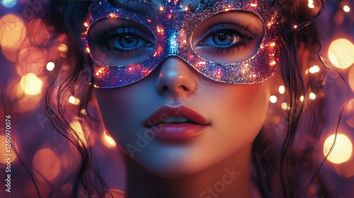 Colorful mask and vibrant atmosphere at night festival celebration with light...