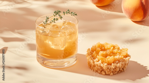A refreshing peach-infused drink next to a bite-sized pastry treat, bathed in sunlight with soft shadows.
