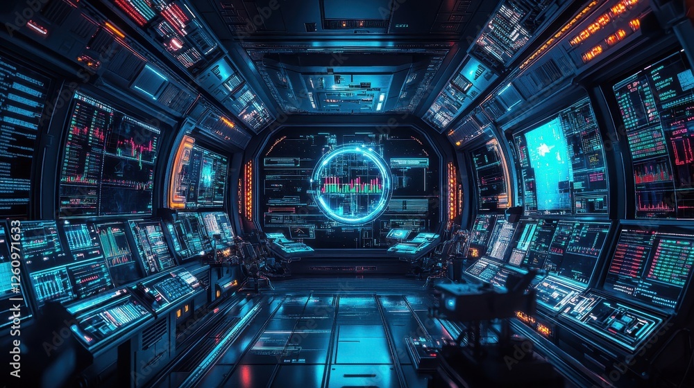 Obraz premium Observation decks overlooking glowing crypto panels and trading bots