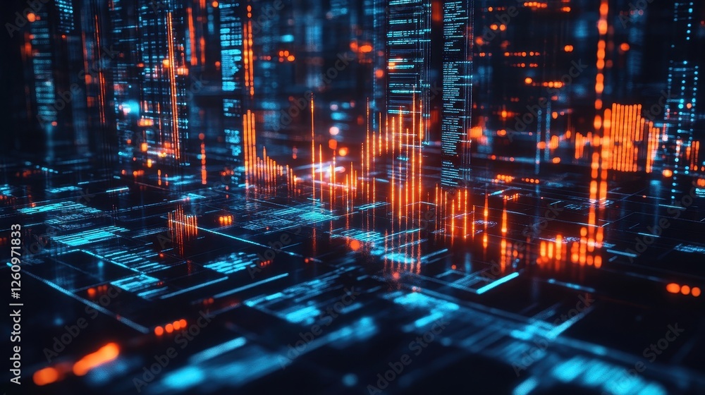 Obraz premium Crypto market station with digital charts hovering over sleek floors