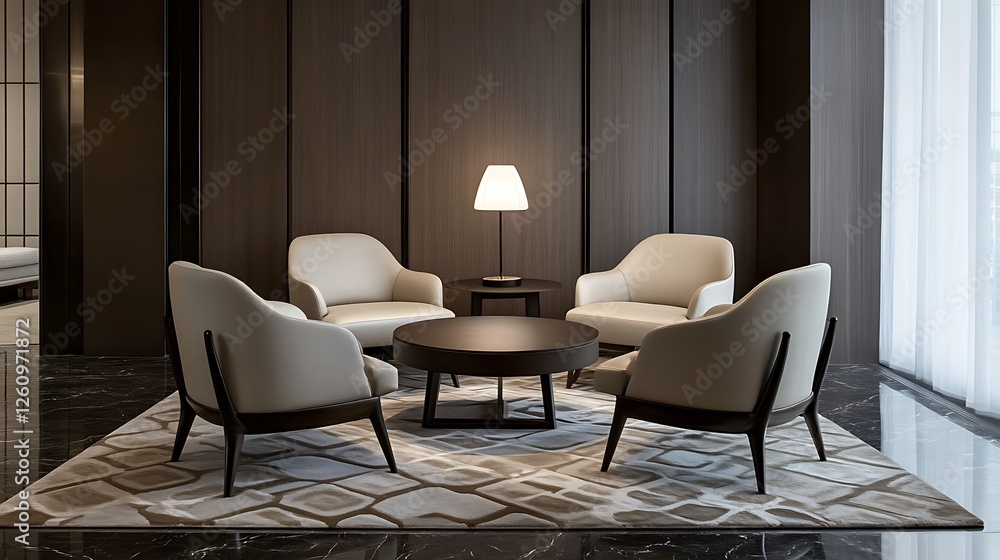Fototapeta premium Modern Lounge Area With Beige Chairs And Dark Wood Paneling