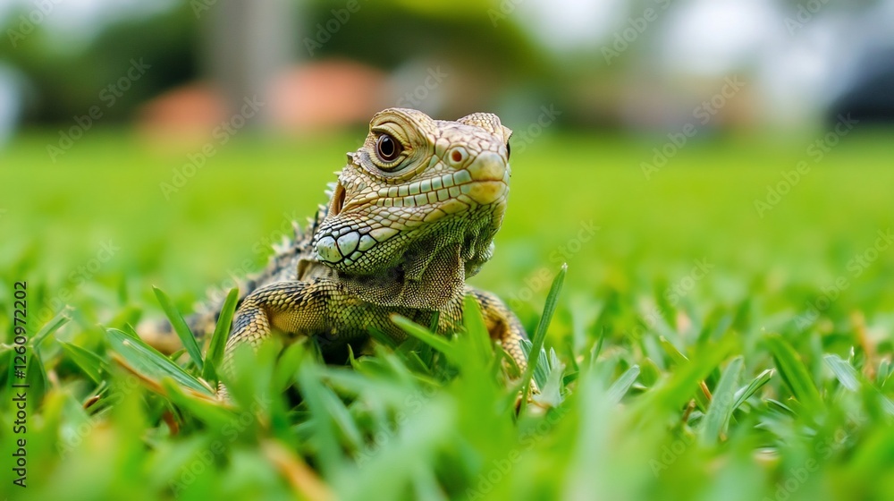 Fototapeta premium Iguana in grass, garden background, nature