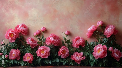 Pink peonies in full bloom against a soft pastel background in a floral arran...