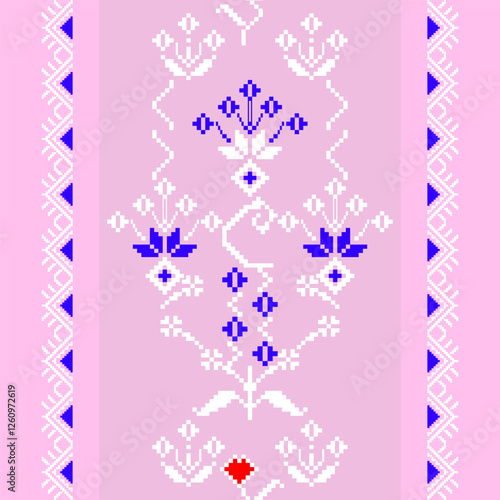 Pixelated floral pattern with blue and white elements on a pink background. Traditional Ukrainian cross-stitch pattern. Geometric pattern. Vines design. Perfect for knitted sweaters or textiles.