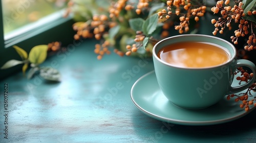 Warm cup of herbal tea on a teal table with decorative foliage in a bright, i...