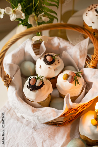 A wicker basket filled with cakes decorated with icing and decorative eggs, traditional Easter bread kulich