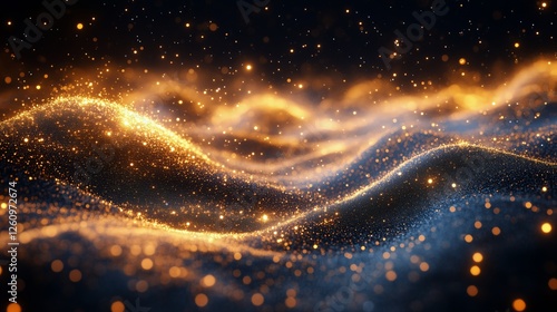 Sparkling waves of golden particles create a mesmerizing visual effect in dar...