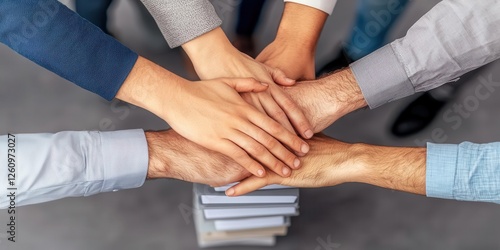 Team collaboration with hands stacked on a pile of documents.