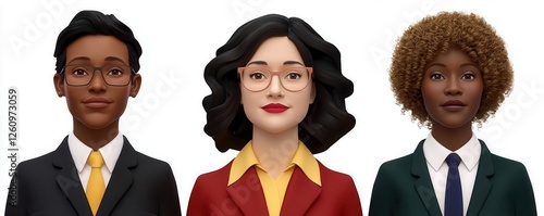Three diverse characters in formal attire with friendly expressions.