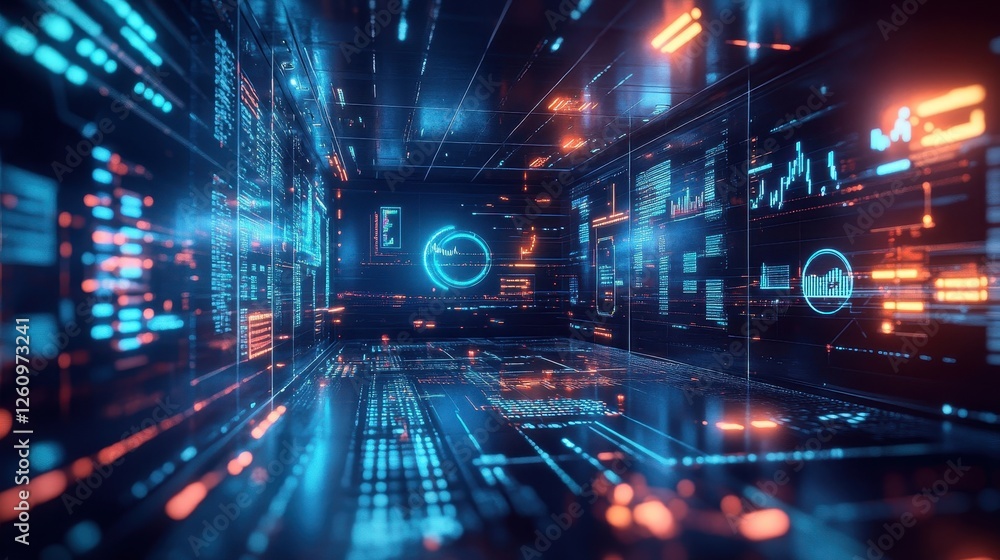 A space station finance network with glowing dashboards and AI bots A space station finance network with glowing dashboards and AI bots