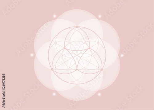 Sacred Geometry, Flower of Life, lotus flower mandala. White vintage logo Symbol of Harmony and Balance, Geometrical Ornament, yoga relax, purity, vector isolated on old rose background