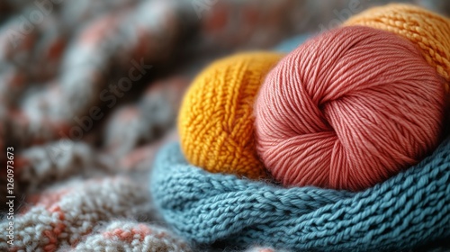 Vibrant yarn balls arranged on a cozy knitted blanket in warm tones