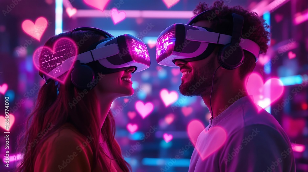 Couple in VR Headsets with Holographic Hearts in Neon Metaverse Couple in VR Headsets with Holographic Hearts in Neon Metaverse