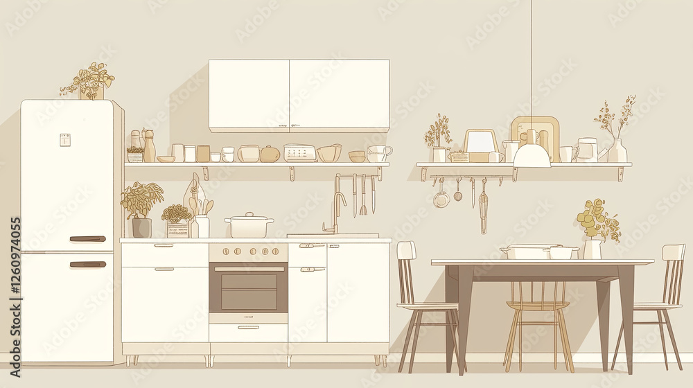 Fototapeta premium Minimalist modern kitchen interior with seating and shelves in light tones