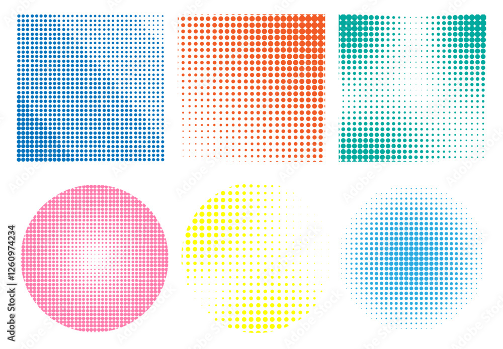 Fototapeta premium Set of halftone dots of square, round shape isolated empty background. Set of colored halftone dots faded gradient texture. Retro pixelated vector backdrop halftone. Abstract dotted circles halftone.