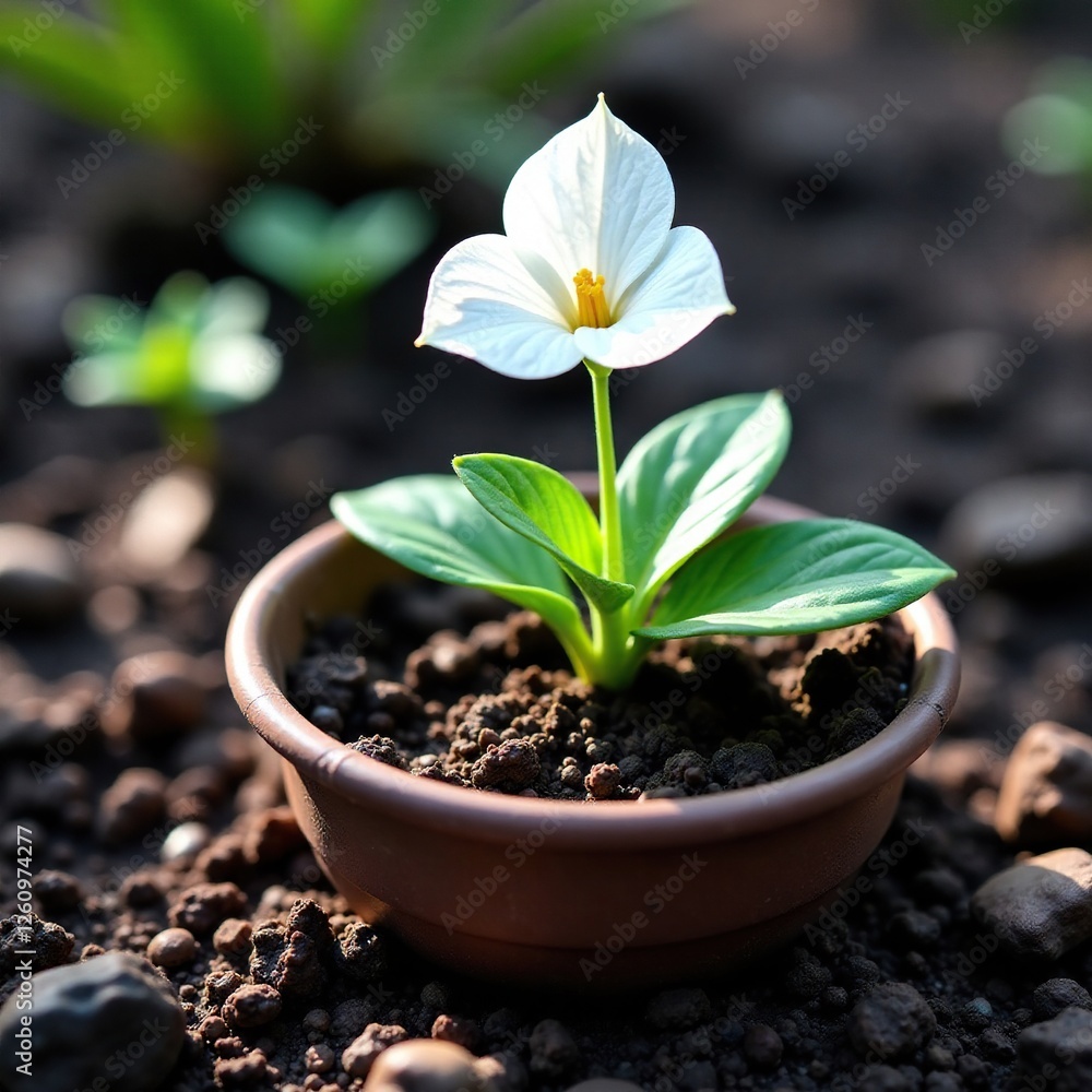 solitary white trillium flower in a cup of soil, foliage, colors, bloom solitary white trillium flower in a cup of soil, foliage, colors, bloom