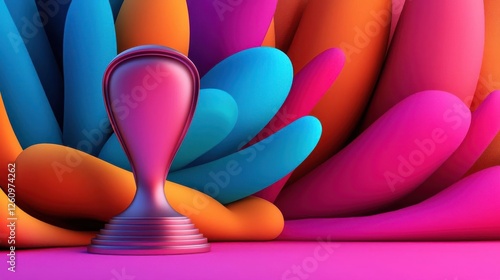 Vibrant trophy against a colorful abstract background.