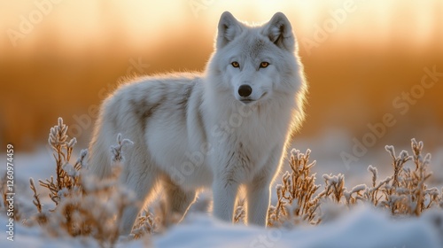 Majestic arctic fox stands gracefully in a winter landscape at sunset glow