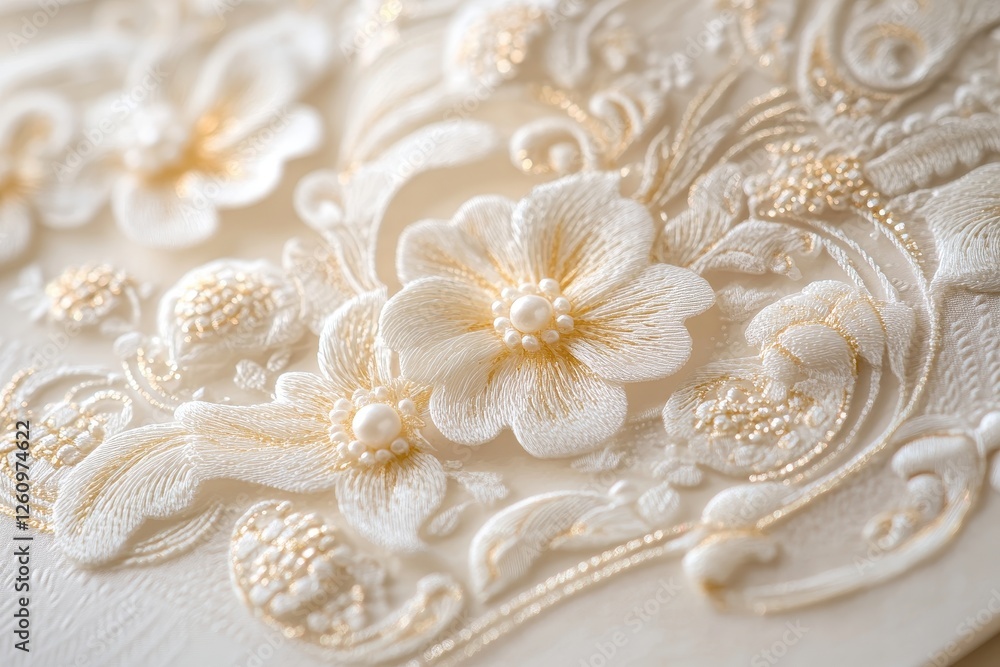 Elegant embroidered floral design with intricate bead details on soft fabric capturing delicate craftsmanship Elegant embroidered floral design with intricate bead details on soft fabric capturing delicate craftsmanship