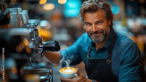 Skilled barista prepares latte art in cozy coffee shop during early morning h...