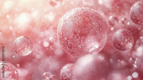 Bubbles floating in a pink atmosphere create a dreamy and serene environment