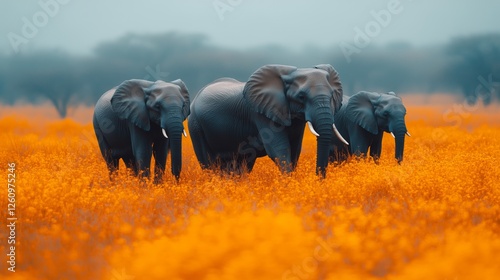 Elephants walking through golden grass during sunset in a serene landscape
