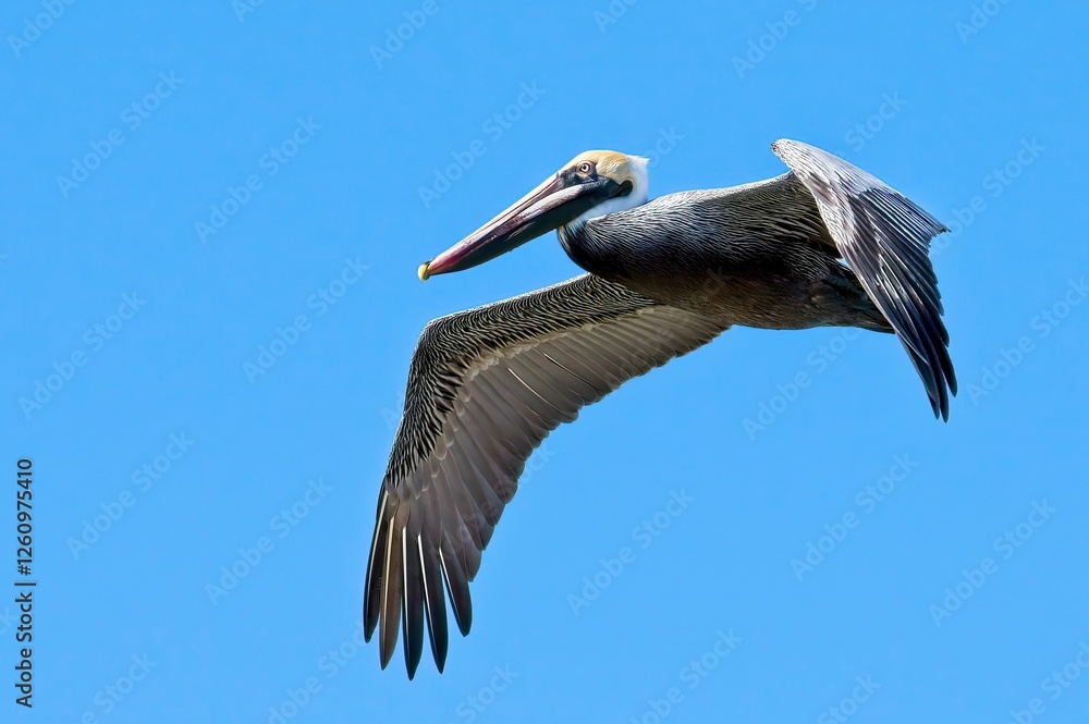 Obraz premium Pelican soaring against a clear blue sky during midday near the 
