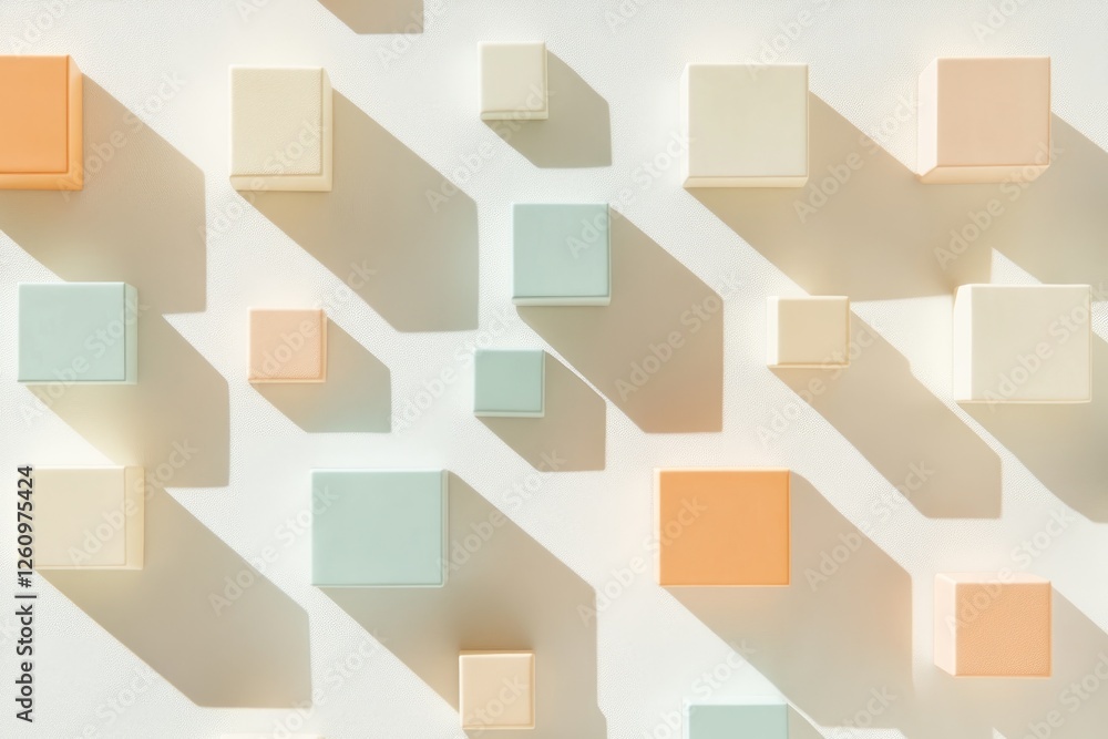 Geometric Arrangement of Colorful Cubes Casting Sharp Shadows on a Pale Gray Surface Viewed From Above Geometric Arrangement of Colorful Cubes Casting Sharp Shadows on a Pale Gray Surface Viewed From Above