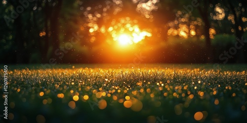 Beautiful sunset casting warm light on dew-covered grass in serene natural se...