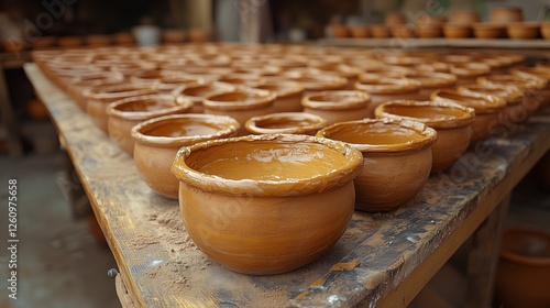 Pottery artisans create clay pots in a workshop surrounded by natural light a...