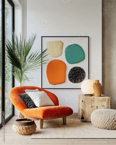 Modern Living Room Design Featuring Cozy Orange Chair, Colorful Wall Art, Stylish Accessories And Relaxing Ambience