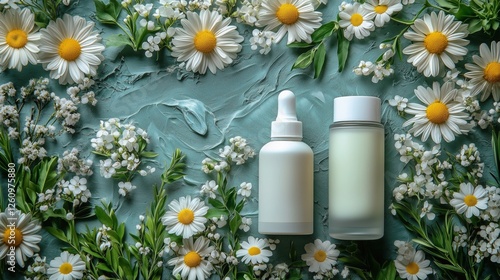 Colorful beauty products arranged with fresh flowers on a soft green backgrou...