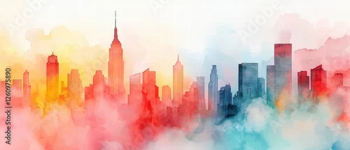 Panel kuchenny z motywem A vibrant watercolor skyline featuring iconic buildings, blending warm hues of red and orange with soft clouds, creating a dreamy urban atmosphere.