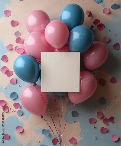 Colorful balloons and heart-shaped confetti create a festive background for a...
