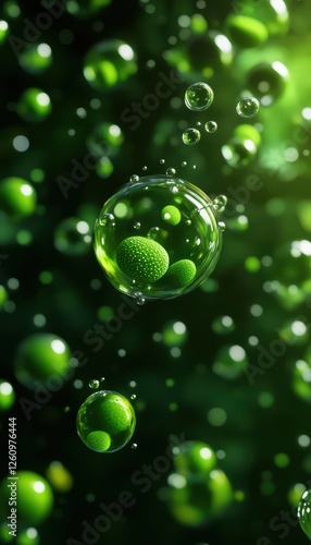 A vibrant close-up of green bubbles floating in a dark background, creating a lively, organic atmosphere filled with depth and texture.