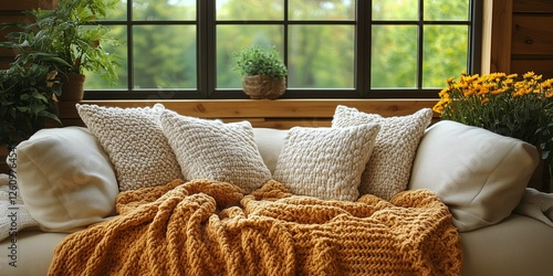 Cozy living room with a knitted blanket and decorative pillows near a window ...