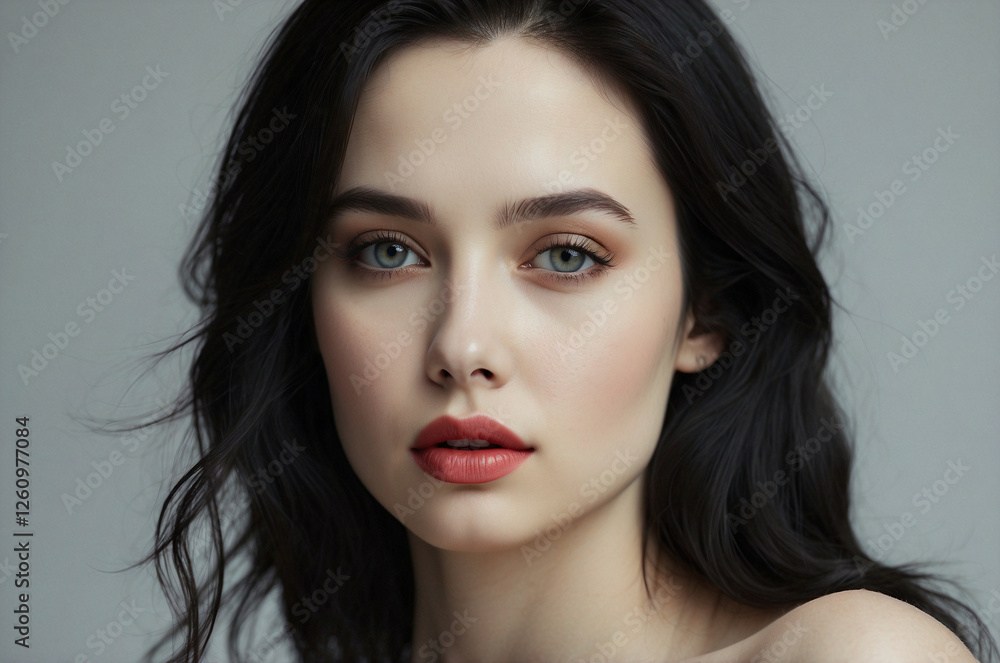 Thoughtful Beautiful Woman with Long Black Hair in Black Sweater Against Light Background, Exuding Elegance and Melancholy