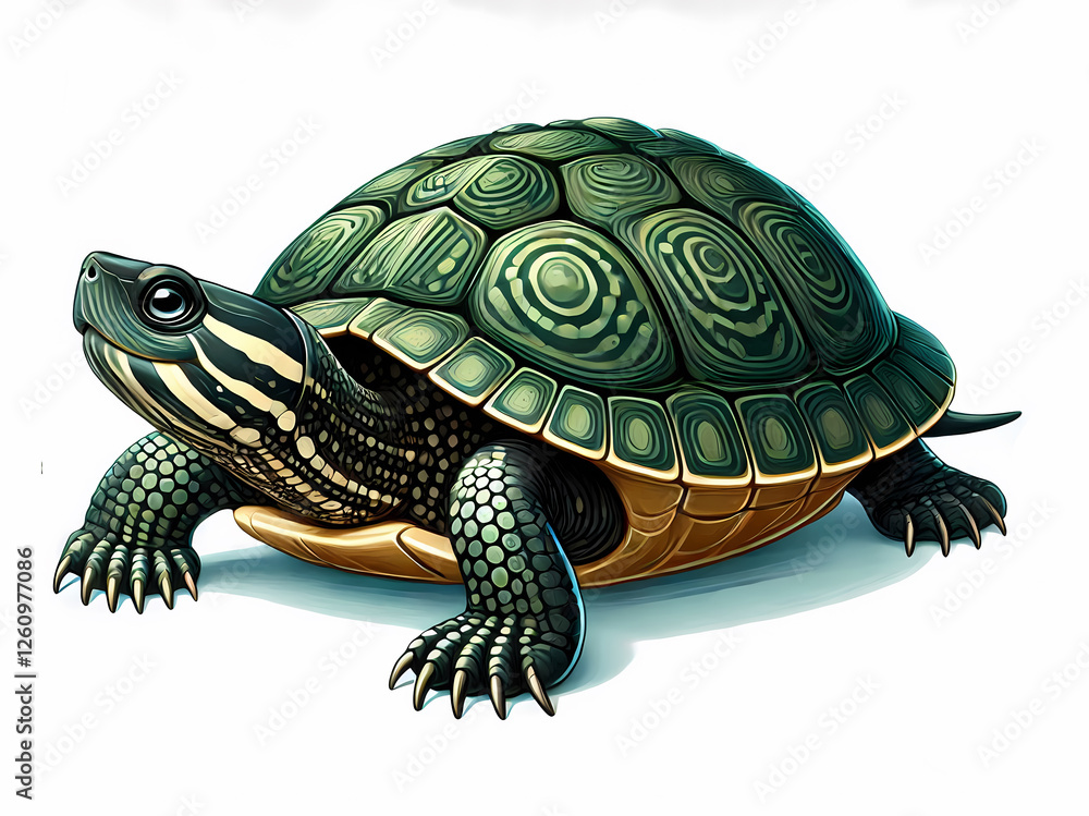 Fototapeta premium A beautifully detailed illustration of a green turtle, showcasing its unique shell patterns and colors.