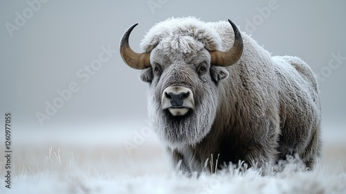 Majestic furry animal in a snowy landscape with frost covering its horns and ...