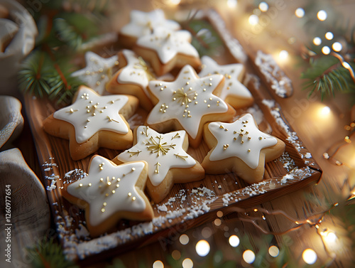 Beautifully decorated Christmas star cookies with white icing and golden sprinkles, placed on a rustic wooden tray surrounded by festive holiday lights and seasonal decorations.
 photo