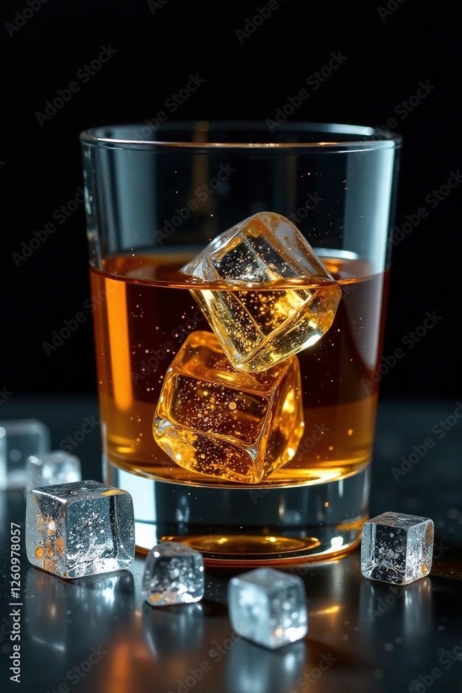 Whiskey glass with scattered ice cubes and a single cube slowly dripping into liquid, whiskey, liquid, elegant Whiskey glass with scattered ice cubes and a single cube slowly dripping into liquid, whiskey, liquid, elegant