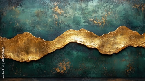 Artistic wall decoration featuring green and gold textures in a modern interi...