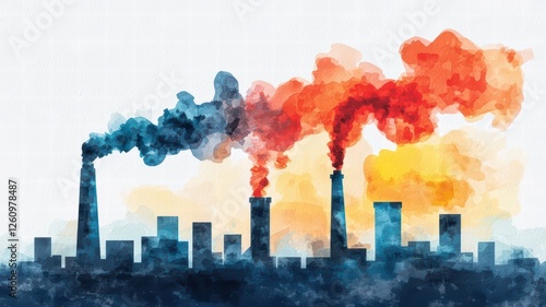 A vibrant watercolor depiction of factories emitting colorful smoke against a bright background, symbolizing industrial pollution.