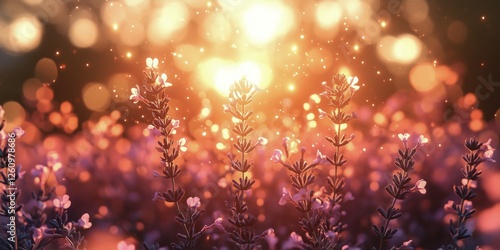 Vibrant lavender field illuminated by golden sunlight in the evening
