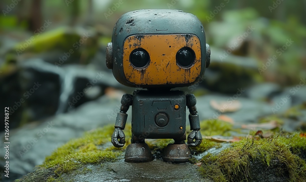 Miniature robot stands on a mossy rock in a serene forest Miniature robot stands on a mossy rock in a serene forest