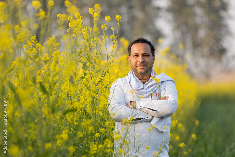 portrait of Happy farmer standing in flourished Mustard field portrait of Happy farmer standing in flourished Mustard field